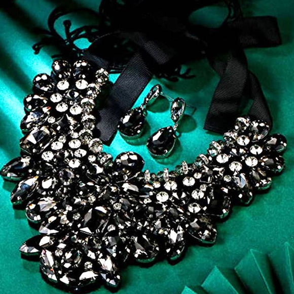 Rhinestone Crystal Statement Necklace Earrings Set Black Cachoban Crystal Neckla - Picture 4 of 5